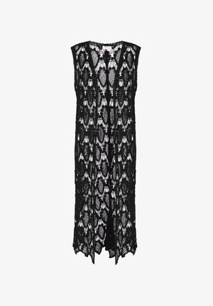 Zwarte kanten lange vest met een open voorkant, ingewikkelde bloem- en geometrische patronen, mouwloos ontwerp en een licht gebogen zoom.