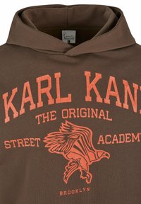 Sudadera marrón con capucha que presenta un texto gráfico en naranja y un diseño de águila, con un acabado suave y texturizado y puños elásticos.