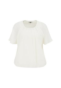 Blouse blanche à manches courtes et flottantes ; détails plissés à l'avant ; texture douce et coupe décontractée. Encolure ronde, sans quincaillerie visible.