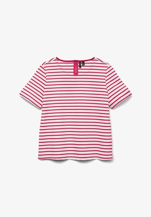 Kortærmet skjorte med horisontale røde og hvide striber, rund halsudskæring og synlig lynlås ved bagkraven.