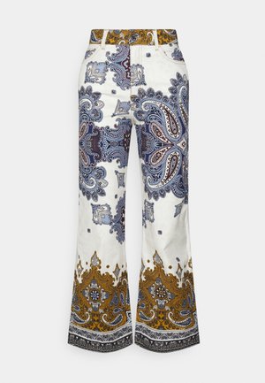 Wide-leg pants with white base, blue and brown paisley patterns, and intricate gold and black border designs at the hem.