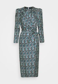 Robe à manches longues, longueur genou, avec motif floral bleu sarcelle, taille cintrée avec nœud latéral et épaules légèrement rembourrées sur fond uni.