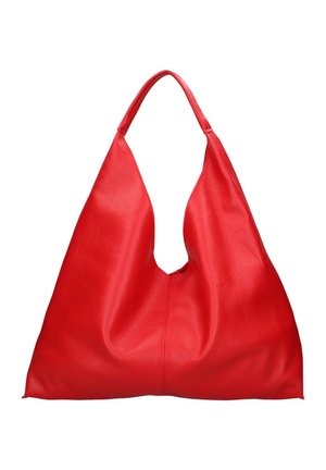 Borsa a tracolla in pelle rossa con manico largo e superficie morbida e leggermente strutturata, mostrata su sfondo bianco.