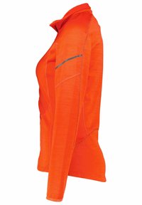 Pomarańczowa koszula z długim rękawem o miękkiej teksturze, z wysokim kołnierzem i odblaskowym akcentem na ramieniu dla lepszej widoczności.