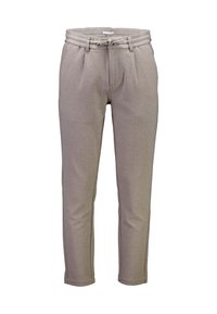 Lichtgrijze, gestructureerde broek met een relaxte pasvorm, elastische tailleband en striksluiting. Voorzien van zijzakken en taps toelopende pijpen met stikseldetails.