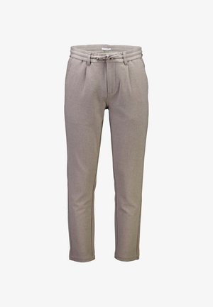 Light grey, textured trousers with a relaxed fit, elastic waistband, and tie closure. Features front pockets and tapered legs with stitching detail.