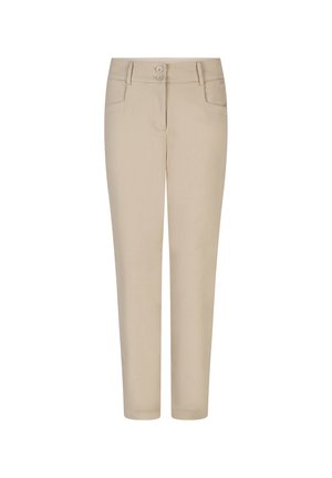 Beige bukser med lige ben, to forlommer, bæltestropper og dobbelt knaplukning i taljen.