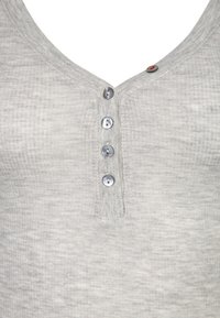 Gray, textured henley shirt with a v-neck, five button placket, and a contrasting red button accent near the collar.