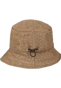Cappello a secchiello marrone in tessuto a spina di pesce realizzato in lana texturizzata, con un accento in metallo nero sul lato frontale. Visiera larga e inclinata verso il basso.