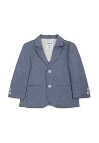 Blazer blu per bambino realizzato in tessuto testurizzato. Presenta due tasche frontali, due bottoni e un colletto classico. L'etichetta interna mostra la taglia e il marchio.