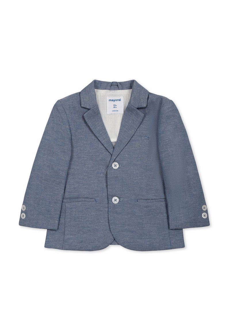 Blazer blu per bambino realizzato in tessuto testurizzato. Presenta due tasche frontali, due bottoni e un colletto classico. L'etichetta interna mostra la taglia e il marchio.