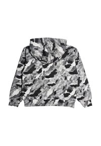 Felpa con cappuccio a motivo camouflage grigio e nero distesa, che mostra il retro, con maniche lunghe e cappuccio.