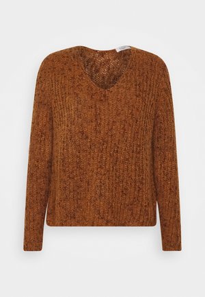 Brown knitted sweater with a V-neck and long sleeves, featuring a ribbed texture and a relaxed fit.