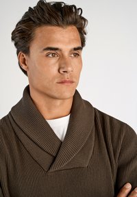 Brauner gerippter Pullover mit einem Schalkragen. Weiche Textur, zeichnet sich durch vertikale Linien und ein geschichtetes Design aus. Über einem weißen Hemd getragen.