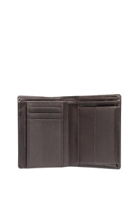 Braune Lederbörse mit mehreren Kartenfächern und glatter Textur, mit einem einfachen offenen Design und kontrastierenden Nähdetails.