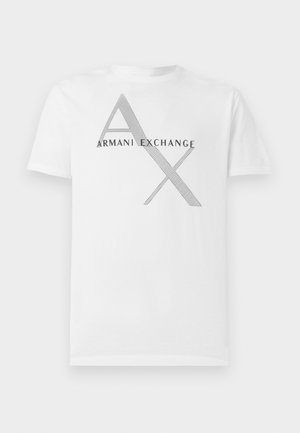 White cotton T-shirt featuring a graphic print of "ARMANI EXCHANGE" and interlocked "AX" in gray, with a smooth texture and short sleeves.
