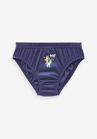 Marineblaue Kinderunterhosen aus dehnbarem Material mit einem grafischen Druck von stilisierten Cartoonfiguren und raffinierten Seitennähten.