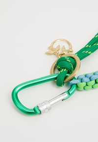 Grünes, geflochtenes Seil mit gelben Akzenten, befestigt an einem grünen Karabiner und einem goldenen Schlüsselring mit Blattmotiven. Silbern sichtbarer Verriegelungsmechanismus.