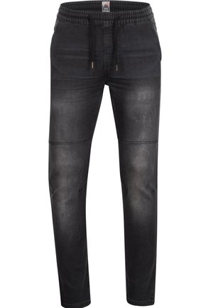 Svarta denim-joggingbyxor med dragsko i midjan, smal passform, subtila blekningar, sömspecifikationer och framfickor.