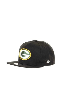 Black cap with a flat brim, featuring a large green and yellow circular logo on the front and a small white logo on the side.