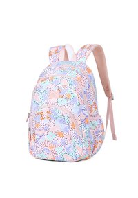 Zaino multicolore con un motivo pastello di forme astratte e punti, dotato di spallacci rosa e una tasca frontale con zip per la conservazione.