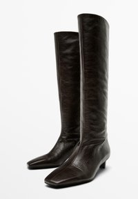 Bottes en cuir brun, montantes jusqu'au genou, avec une texture lisse, des bouts pointus et un petit talon carré. Elles présentent un design épuré et un style minimaliste.