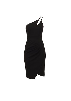 Črna obleka z enim ramenom, prilegajočega kroja, asimetričnega roba in nabranih detajlov. Iz gladkega, raztegljivega materiala. Vključen nastavljiv trak.