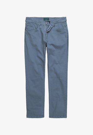 Jeans in denim blu con un design a gamba dritta, tasche anteriori e zip. Presentano una chiusura con bottone e un'etichetta con la scritta "BOSTON."