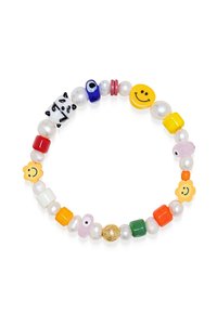 Farverig perlearmbånd med forskellige former. Indeholder runde perler, perler, smilende ansigter, blomsterdesigns og en gulddetalje.