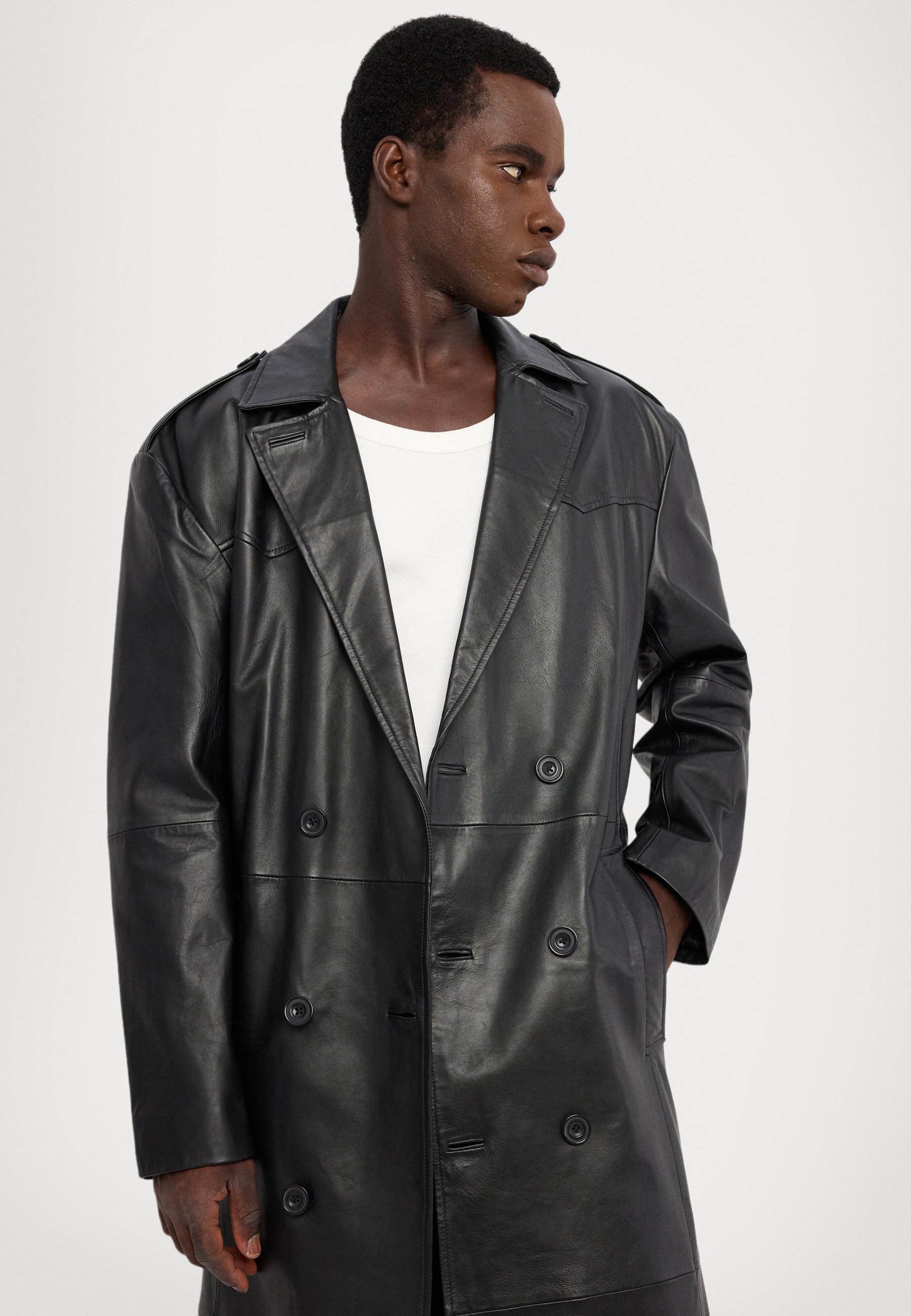 STUDIO ID DOUBLE BREASTED REAL LEATHER COAT - Classic coat - black