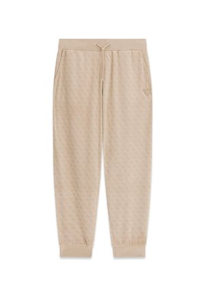 Beige joggingbroek met een all-over logoprint, elastische tailleband en manchetten. Voorzien van twee zijzakken en een driehoekig logodetail.