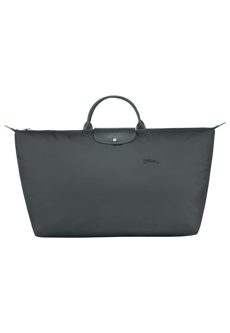 Large dark gray tote bag made of smooth nylon with a leather top trim, rounded handles, and a zip closure. Subtle brand logo in the center.