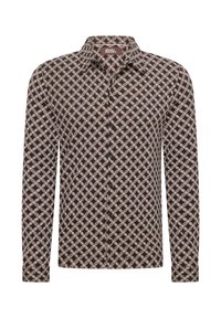 Camicia a maniche lunghe in tessuto marrone scuro con un motivo geometrico di cerchi sovrapposti in crema. Presenta un colletto a bottoni e bottoni frontali.