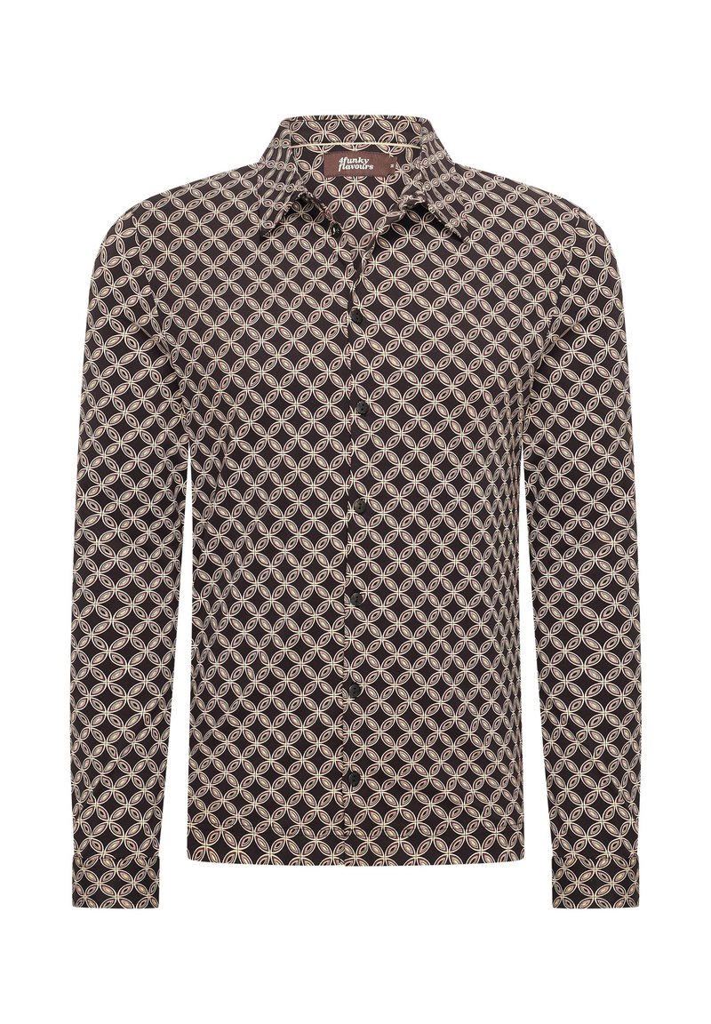 Camicia a maniche lunghe in tessuto marrone scuro con un motivo geometrico di cerchi sovrapposti in crema. Presenta un colletto a bottoni e bottoni frontali.