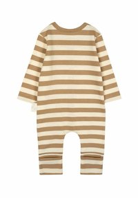 Gestreifter Body in Beige und Hellbraun. Lange Ärmel, runder Ausschnitt und elastische Bündchen. Weicher Baumwollstoff mit glatter Textur.