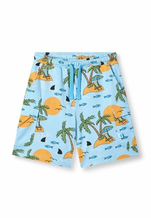 Jasnoniebieskie szorty z nadrukiem tropikalnej wyspy, przedstawiające palmy, słońce, leżaki, ryby i płetwy rekina, z elastycznym pasem i sznurkiem do wiązania.