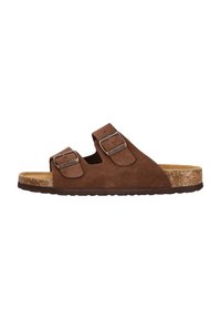 Braune Wildleder-Slidesandalen mit zwei verstellbaren Schnallenriemen, einem Korkfußbett und einer strukturierten Gummi-Außensohle für Grip.