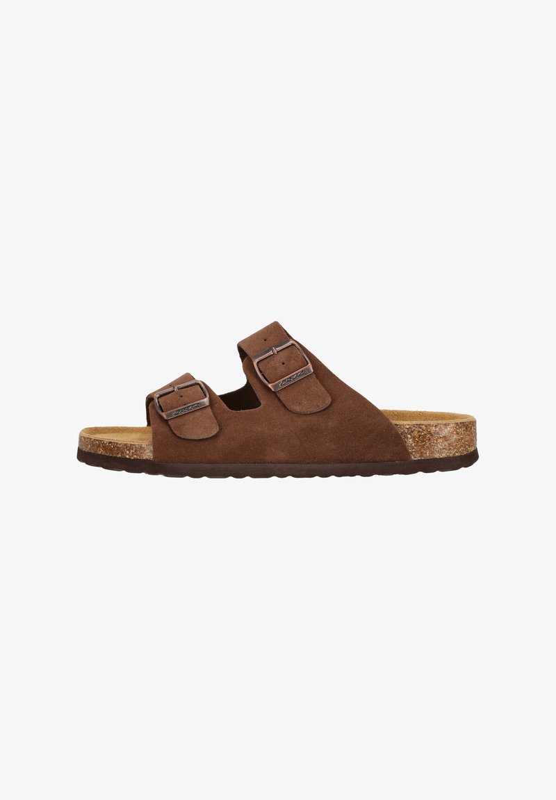 Braune Wildleder-Slidesandalen mit zwei verstellbaren Schnallenriemen, einem Korkfußbett und einer strukturierten Gummi-Außensohle für Grip.