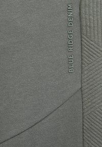 Pilkas audinys su tekstūruota įstrižaine, kuriame palei kraštą yra tekstas "BLUE RIDGE DENIM" moderniu tamsiu šriftu.