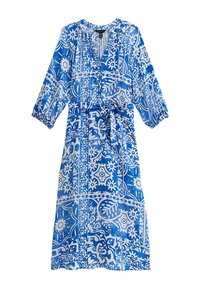 Vestido azul y blanco con un estampado, escote en V, mangas tres cuartos y cintura con lazo. Hecho de una tela ligera con diseños florales.