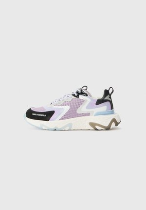 Purple and black athletic shoes with mesh upper, distinctive curved sole, textured accents, and contrasting light blue and white elements.