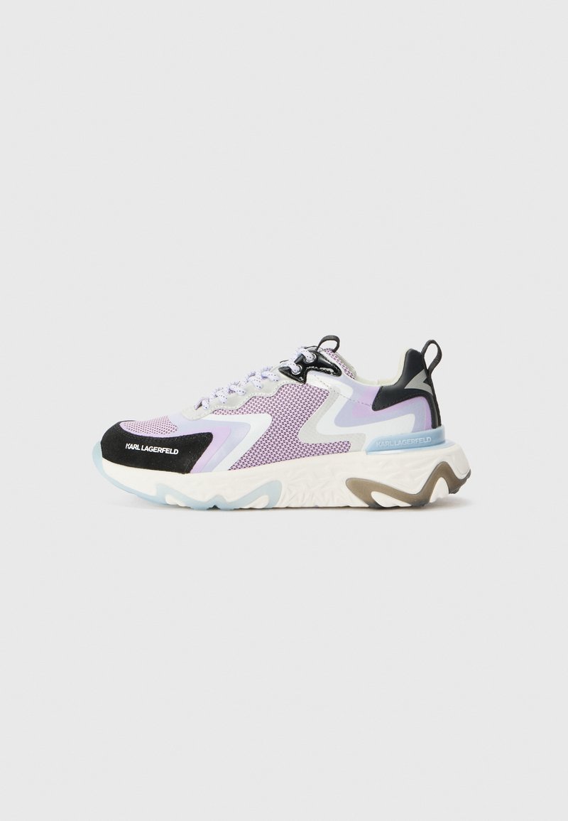 Purple and black athletic shoes with mesh upper, distinctive curved sole, textured accents, and contrasting light blue and white elements.