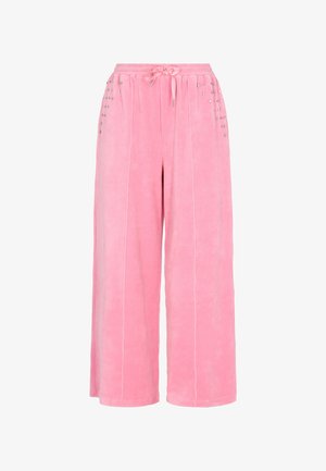 Rosafarbene, weit geschnittene Hose aus weichem Stoff mit einem Kordelzugbund und dekorativen silbernen Nieten an den Seiten, sowie sichtbaren Nahtdetails.