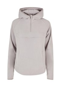 Lysegrå fleece-hoodie med halvlynlås, kengurulomme og raglanærmer. Blød tekstur og minimalistisk design.