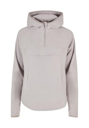 Lys grå fleece hettegenser med halv glidelås, kengurulomme og raglanermer. Myk tekstur og minimalistisk design.