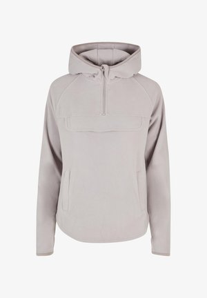 Heled hall fliisist kapuutsiga sveter, millel on pool-zip sulgemine, kenguru tasku ja raglan varrukad. Pehme tekstuur ja minimalistlik disain.
