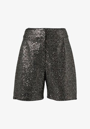 Black sequined shorts with a smooth texture, loose fit, and mid-rise waist. The sequins create a shiny, reflective surface throughout.