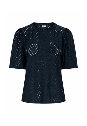 Granatowa bluzka z krótkim rękawem i bufkami na ramionach, z ażurowym wzorem w kształcie litery V i okrągłym dekoltem.