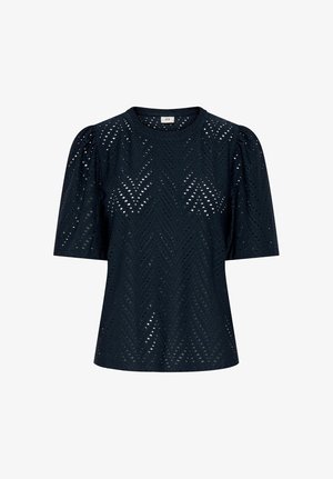 Kobaltblauw blouse met korte mouwen en opgeblazen schouders, met een chevron-ajour kantpatroon en een ronde halslijn.