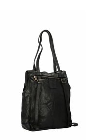 Sac fourre-tout en cuir noir avec deux poignées supérieures, poche zippée à l'avant et sangles à boucle réglables sur fond blanc.
